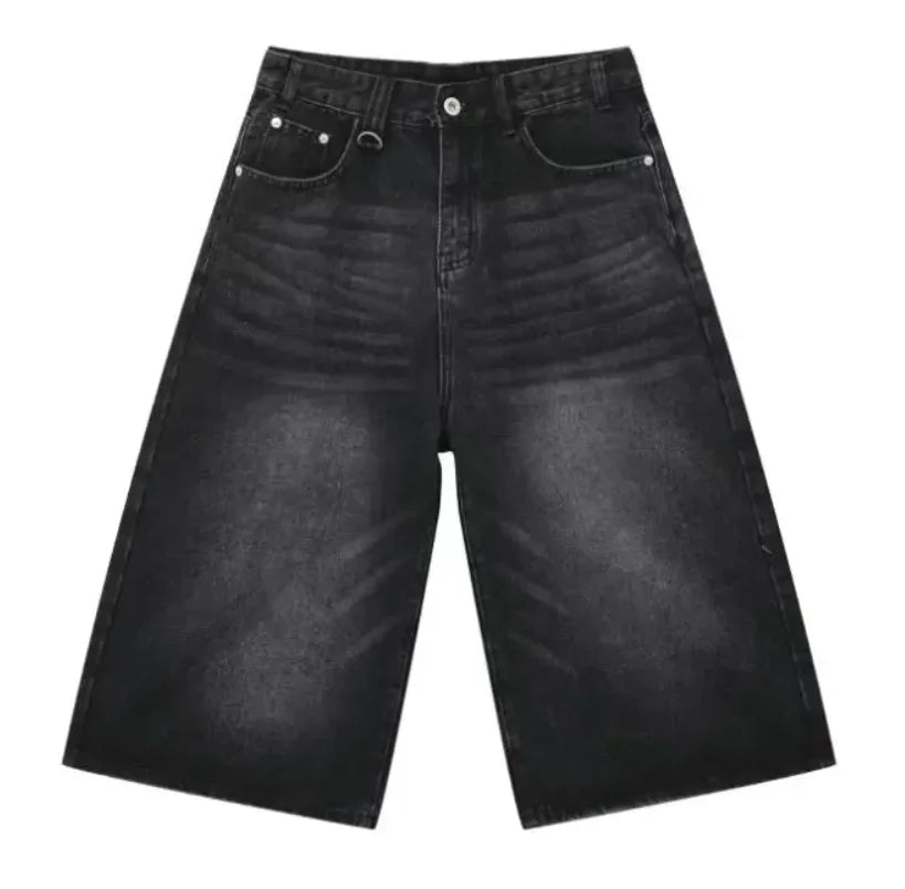 Retro Y2k Baggy Women/Men Black Jeans Frayed Denim Shorts
